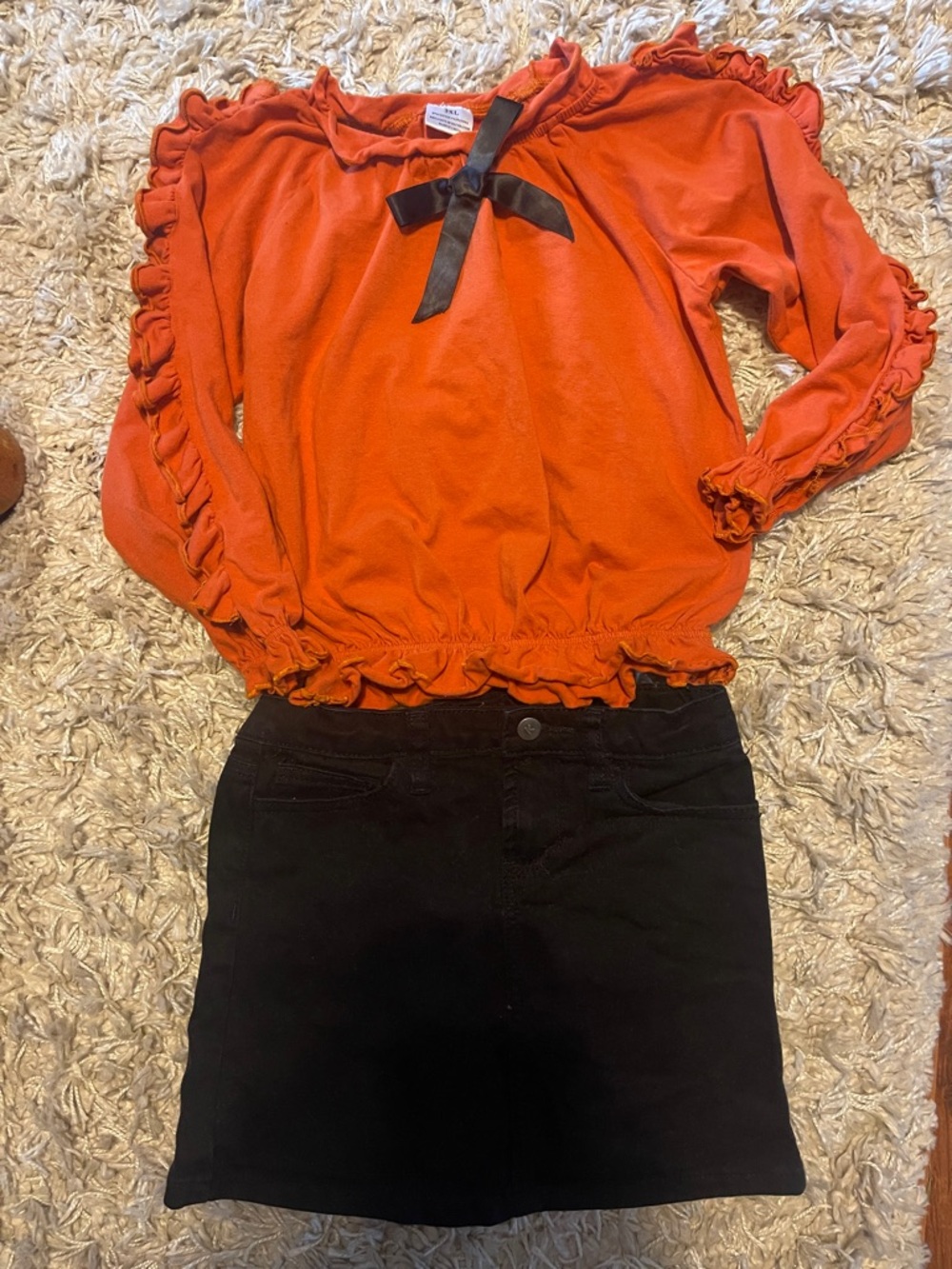 Orange Ruffle Long Sleeve Top with Kidpik Black Skirt